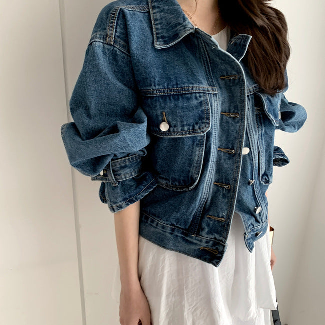 Fallende Schultern, lange Ärmel, lockere und dünne, gewaschene All-Match-Jeansjacke mit Revers
