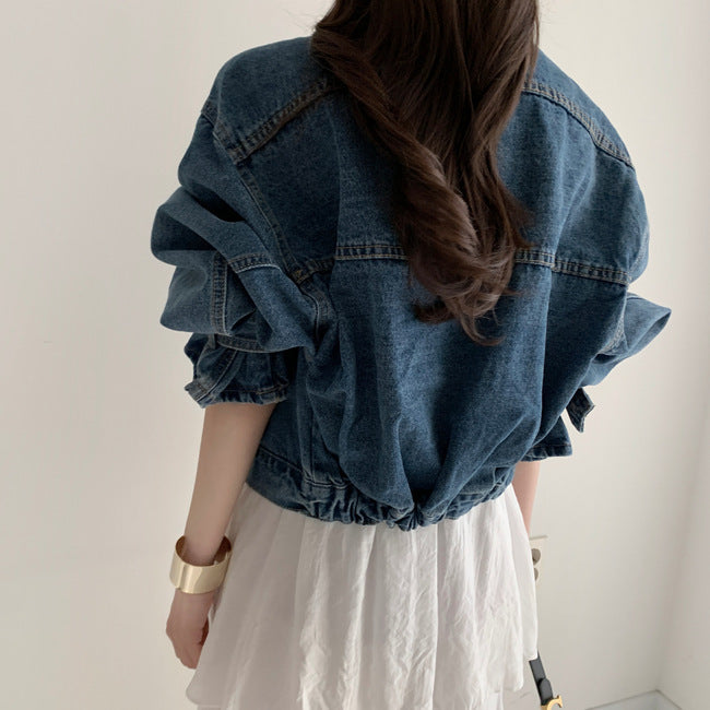 Fallende Schultern, lange Ärmel, lockere und dünne, gewaschene All-Match-Jeansjacke mit Revers