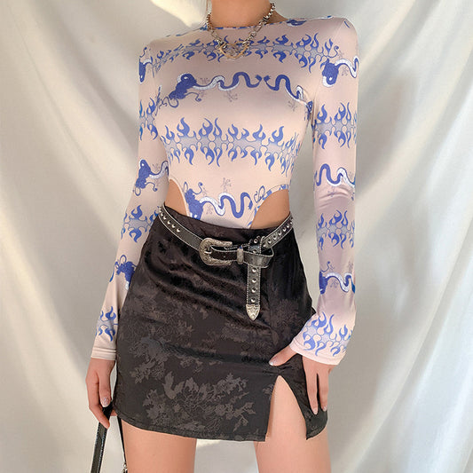 Manica lunga girocollo stampa moda pezzo unico