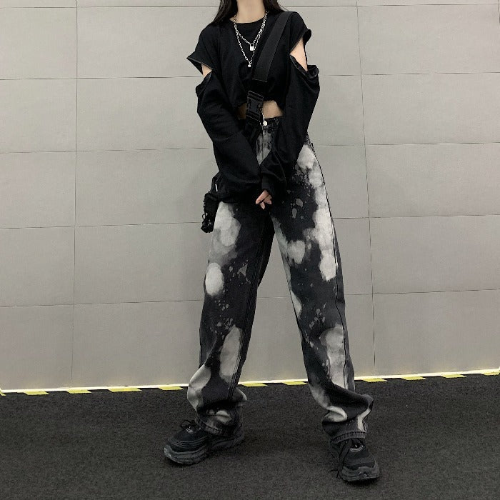 Jeans da donna a gamba larga, neri, aderenti, a vita alta e con effetto tie-dye