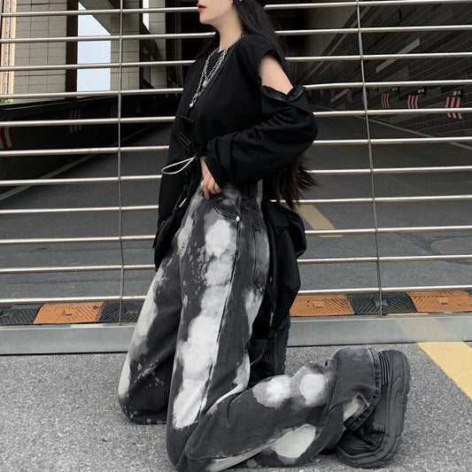 Jeans da donna a gamba larga, neri, aderenti, a vita alta e con effetto tie-dye