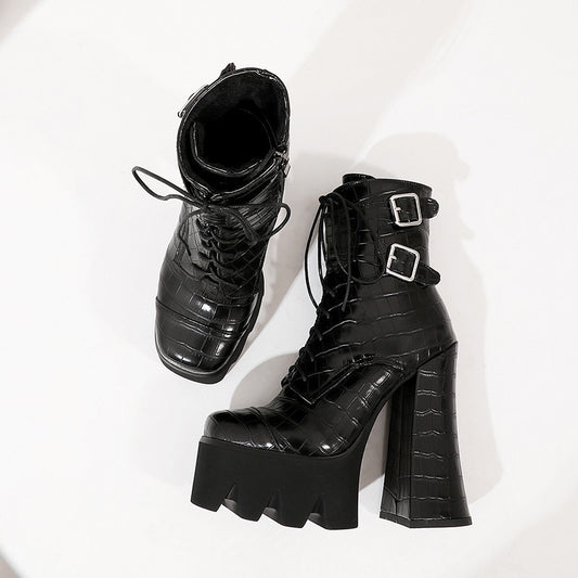 High Heel Thick Heel Platform Belt Buckle Lace-up Women's Boots