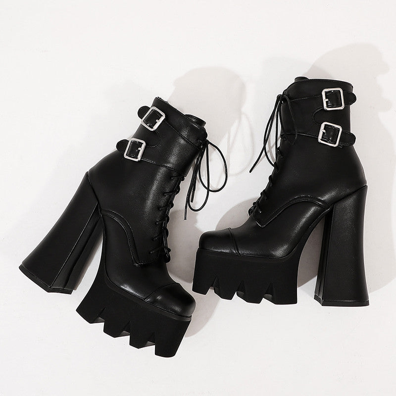 Stivali da donna con lacci, tacco alto e plateau con fibbia e tacco spesso