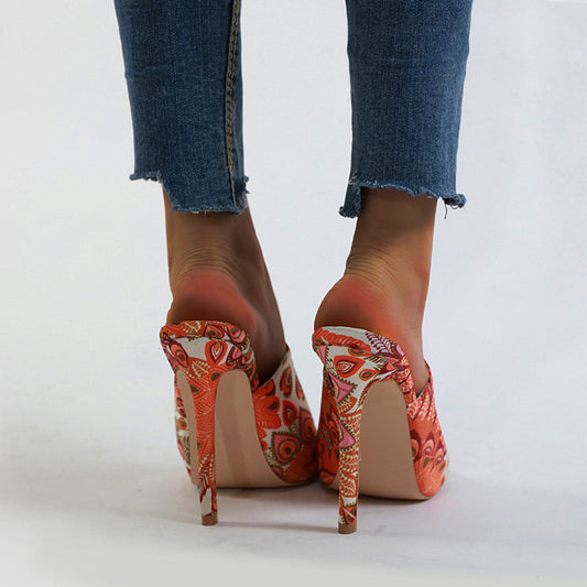 Sandali colorati da donna con tacco a spillo e punta aperta sul retro, scarpe da donna