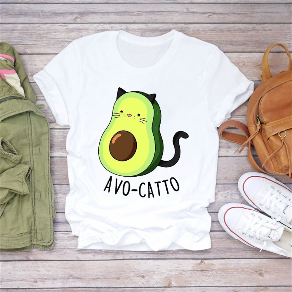 Damen T-Shirt mit Cartoon-Avocado-Frucht-Liebe, romantisch, süß, 90er-Jahre-Print