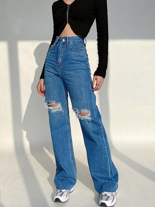 Liviahome Retro Jeans Strappati a Gamba Larga Pantaloni da Donna a Vita Alta Sottili e Larghi