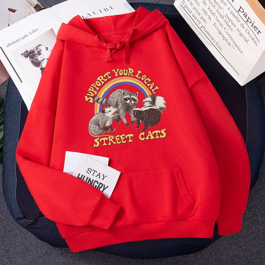 Felpa con cappuccio da donna con stampa Stray Cat Cartoon
