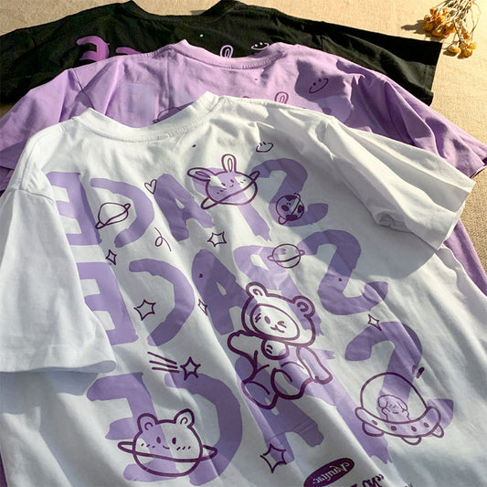 Maglietta a maniche corte con stampa di lettere, stile coreano, stile Bf largo