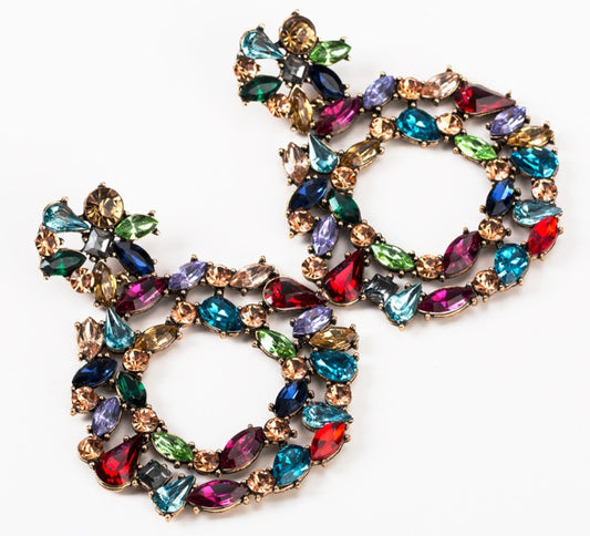 Orecchini creativi esagerati con diamanti in vetro di colore misto e nappe retrò