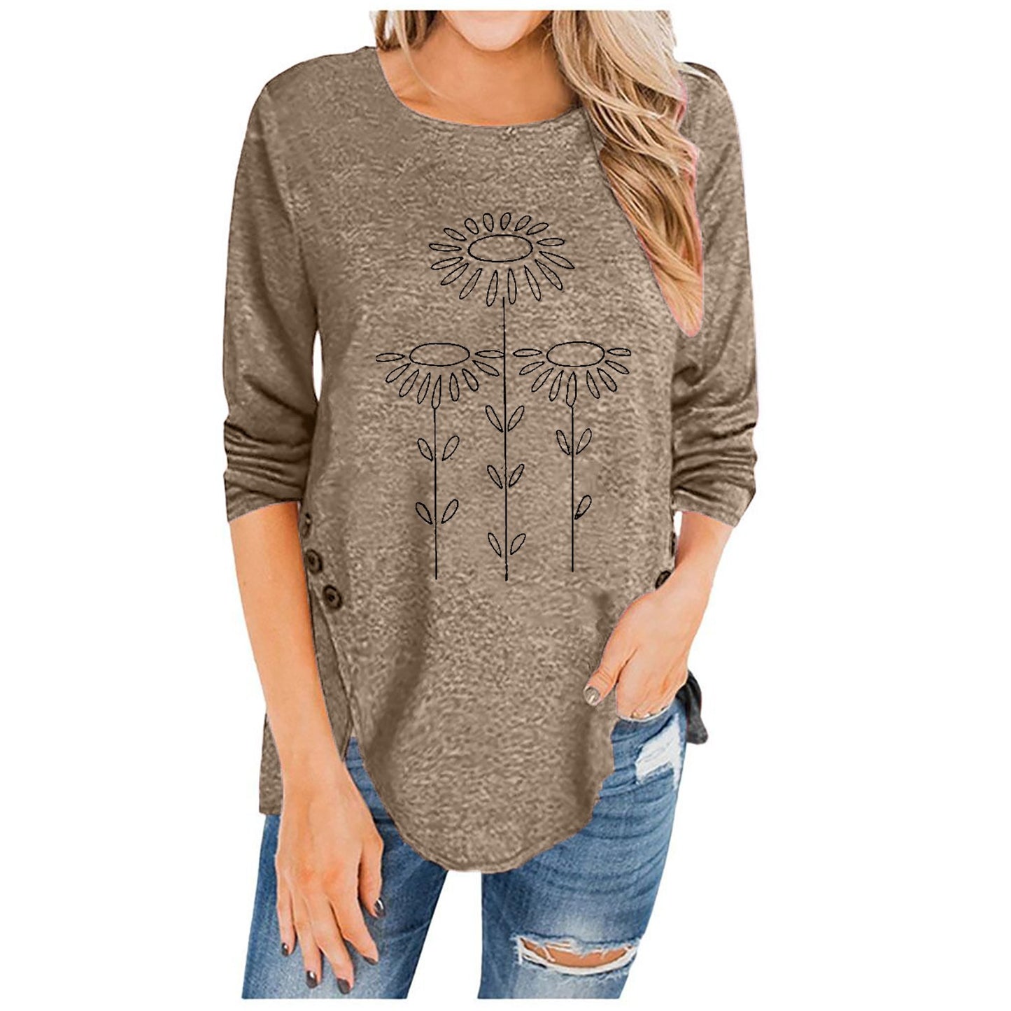 Irregular Button Long-Sleeved Round Neck Printed Women'S T-Shirt