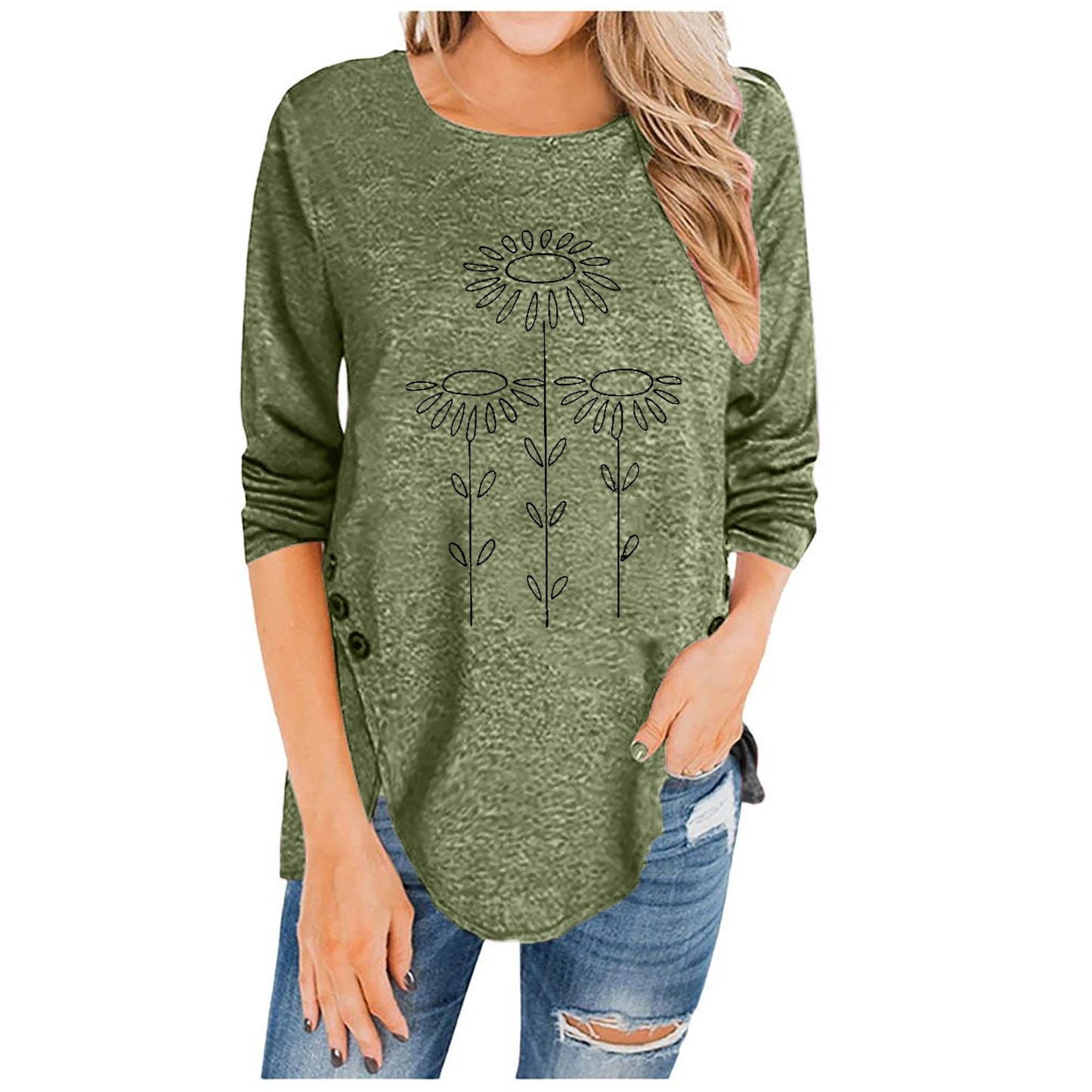 Irregular Button Long-Sleeved Round Neck Printed Women'S T-Shirt