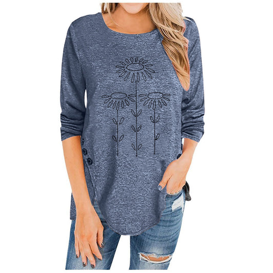T-shirt da donna stampata con scollo tondo, maniche lunghe e bottoni irregolari