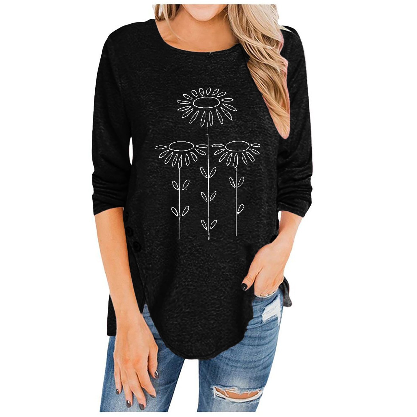 Irregular Button Long-Sleeved Round Neck Printed Women'S T-Shirt