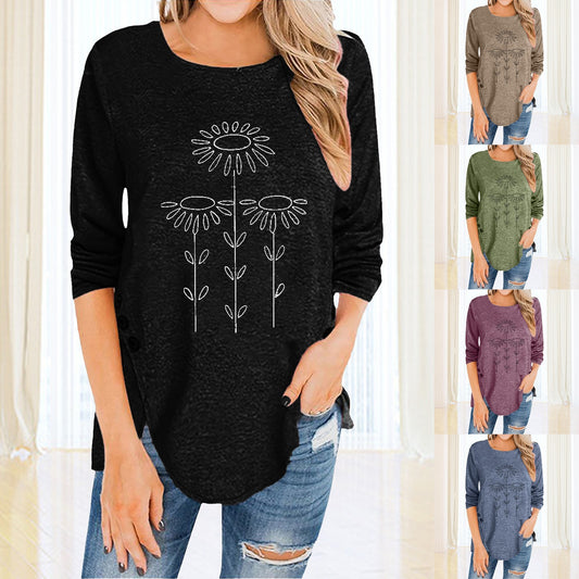T-shirt da donna stampata con scollo tondo, maniche lunghe e bottoni irregolari