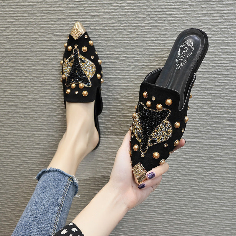 Oberbekleidung Baotou Half Drag Damenschuhe Strass All-Match Spitz Flache Schuhe