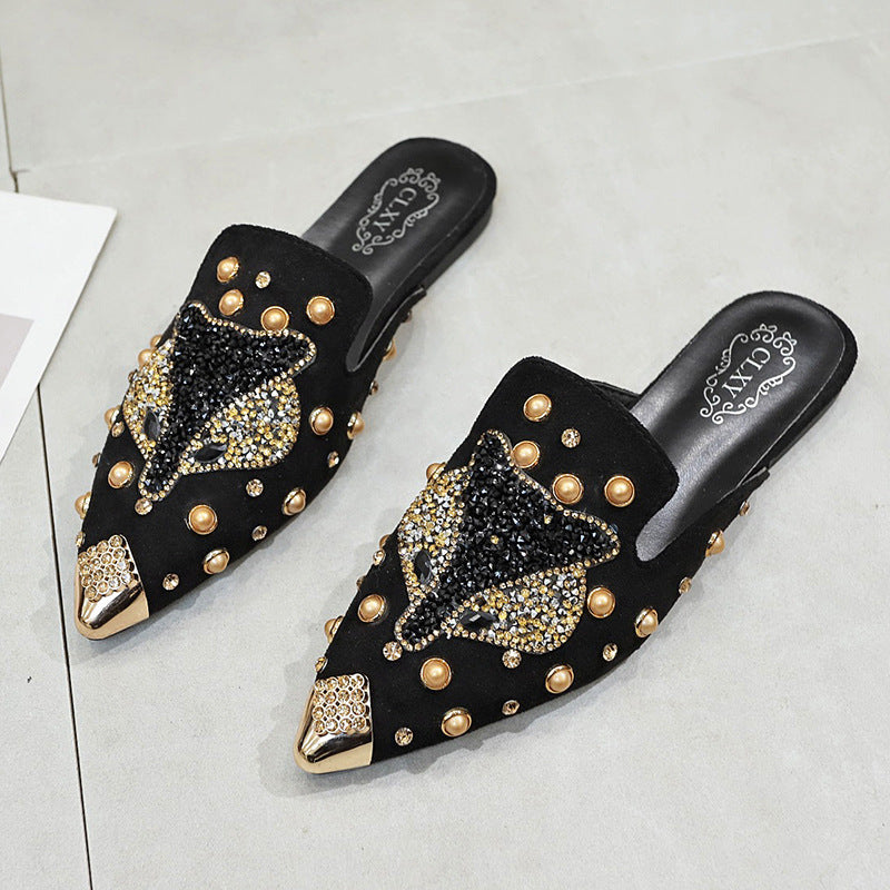Oberbekleidung Baotou Half Drag Damenschuhe Strass All-Match Spitz Flache Schuhe