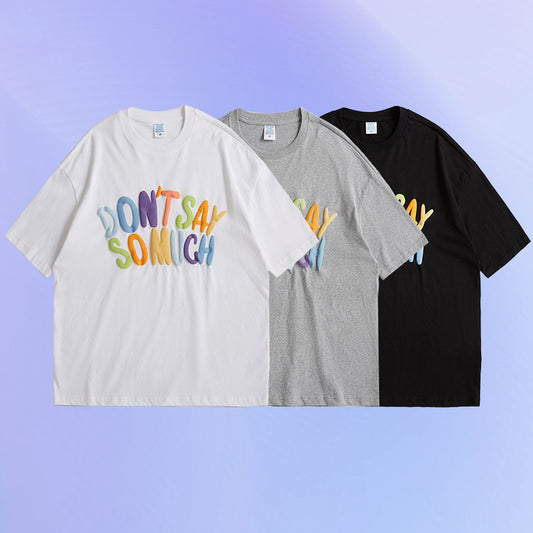 Nuovo marchio di moda di strada, maglietta a maniche corte da uomo con stampa tridimensionale in schiuma e lettere colorate