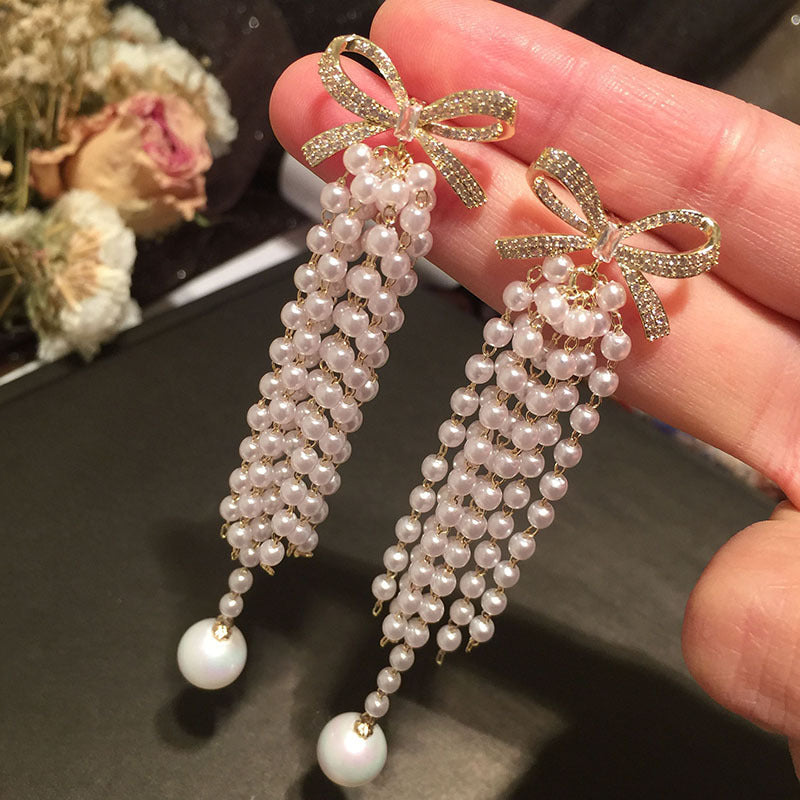 Bow Pearl Long Tassel Earrings