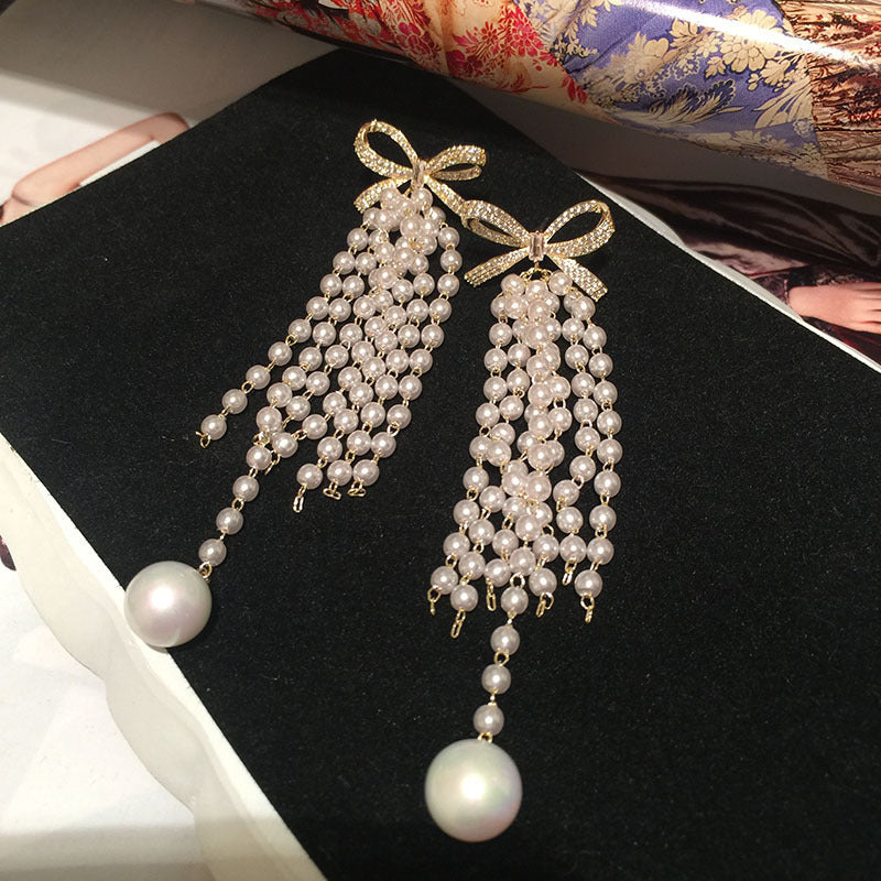 Bow Pearl Long Tassel Earrings