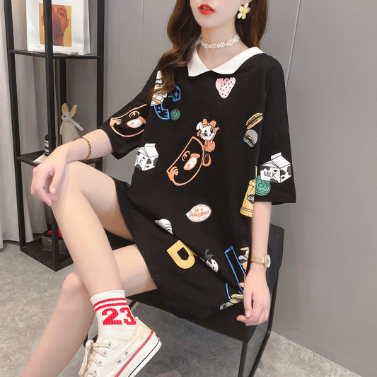 Large-Size Loose-Fitting Short-Sleeved T-Shirt Women'S Mid-Length Polo Shirt On Both Sides