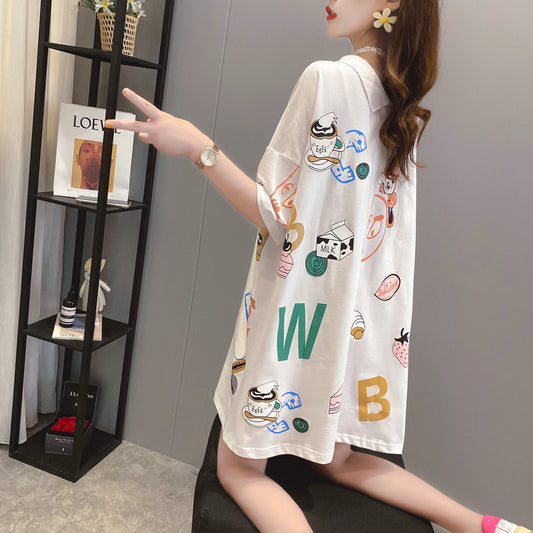 Large-Size Loose-Fitting Short-Sleeved T-Shirt Women'S Mid-Length Polo Shirt On Both Sides