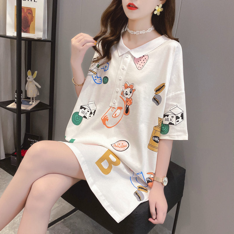 Großes, locker sitzendes, kurzärmliges T-Shirt für Damen, mittellanges Poloshirt auf beiden Seiten