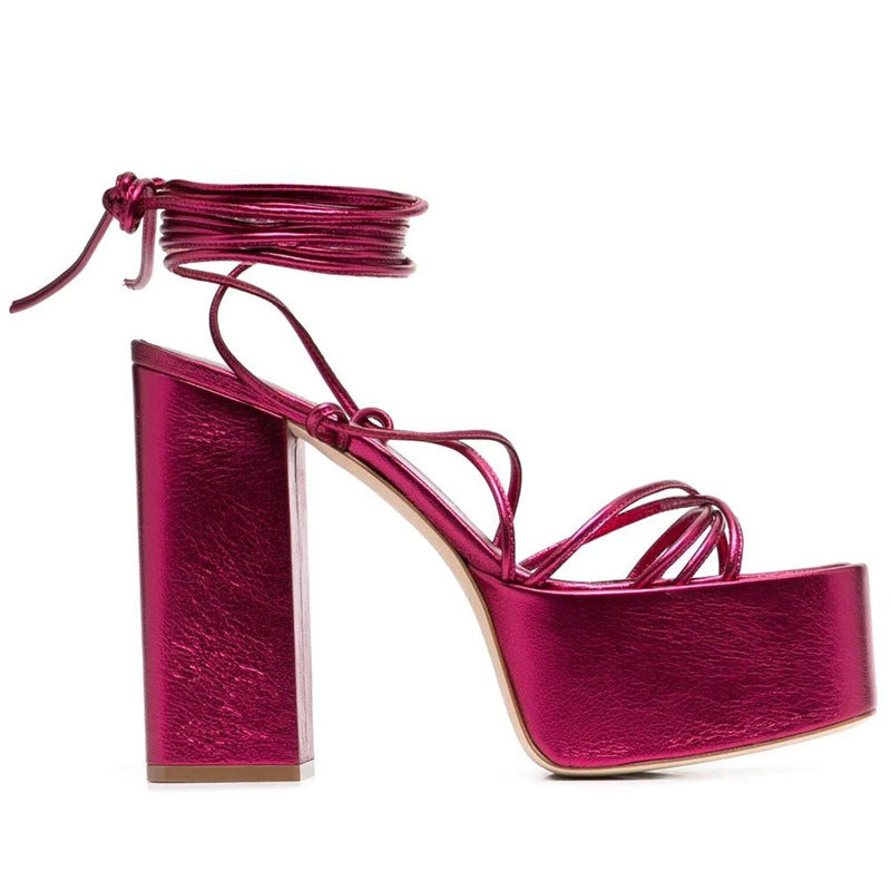 Sandali con plateau, tacco alto, cinturino alla moda, punta tonda, scarpe con plateau e lacci per donna
