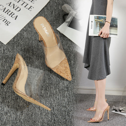 Einfache und vielseitige spitze transparente High Heel Damensandalen und Hausschuhe