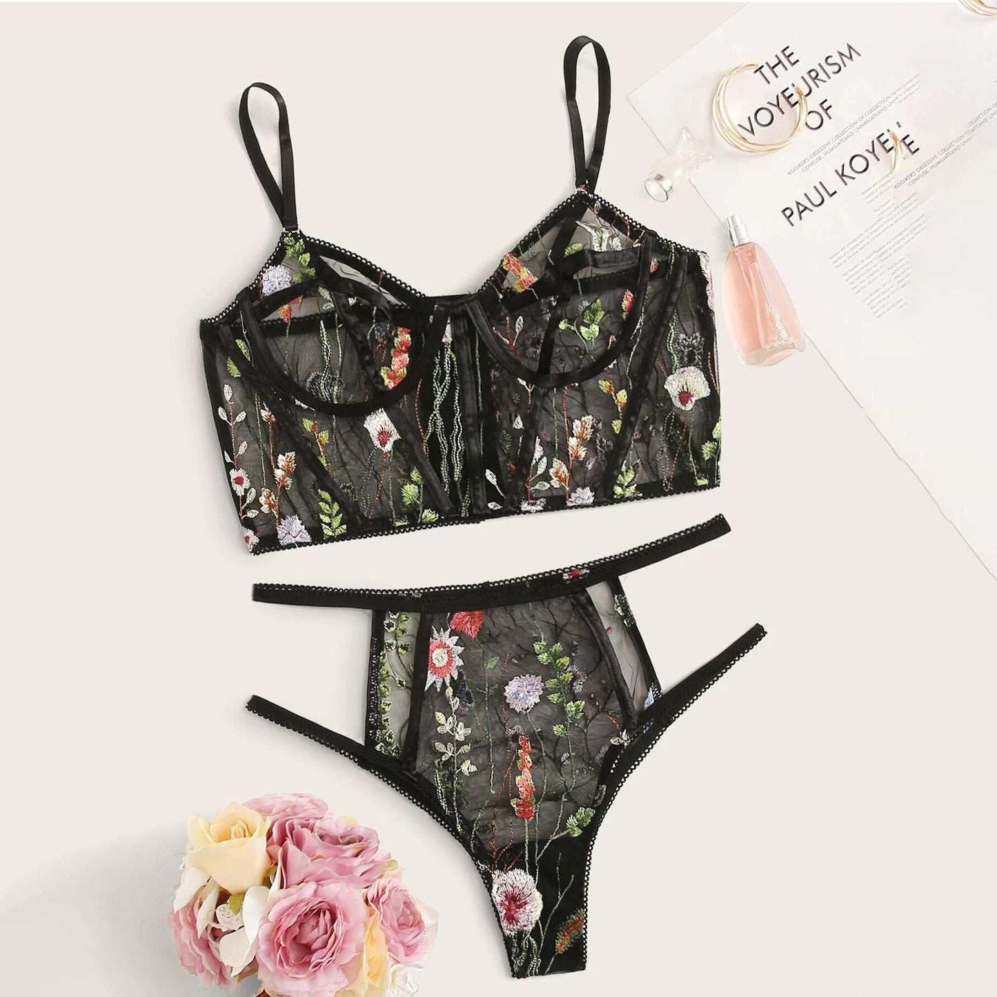 Sexy Dessous Damen Unterwäsche Set Mesh Durchsichtiger BH mit Blumenstickerei