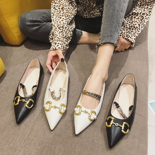 Net Celebrity Pointed Metal Horsebit Buckle Two-wear Flat Shoes With Shallow Mouth