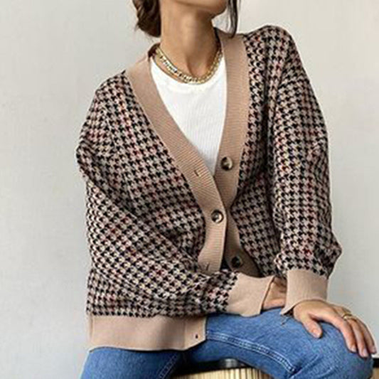 Maglione lavorato a maglia pied de poule da donna, giacca larga