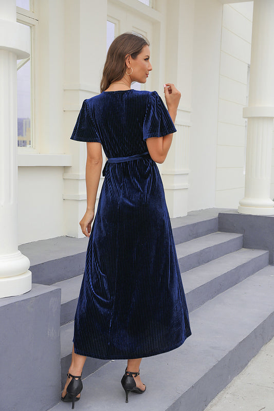 Abito formale da donna in velluto dorato diviso, lunghezza media, primavera e autunno