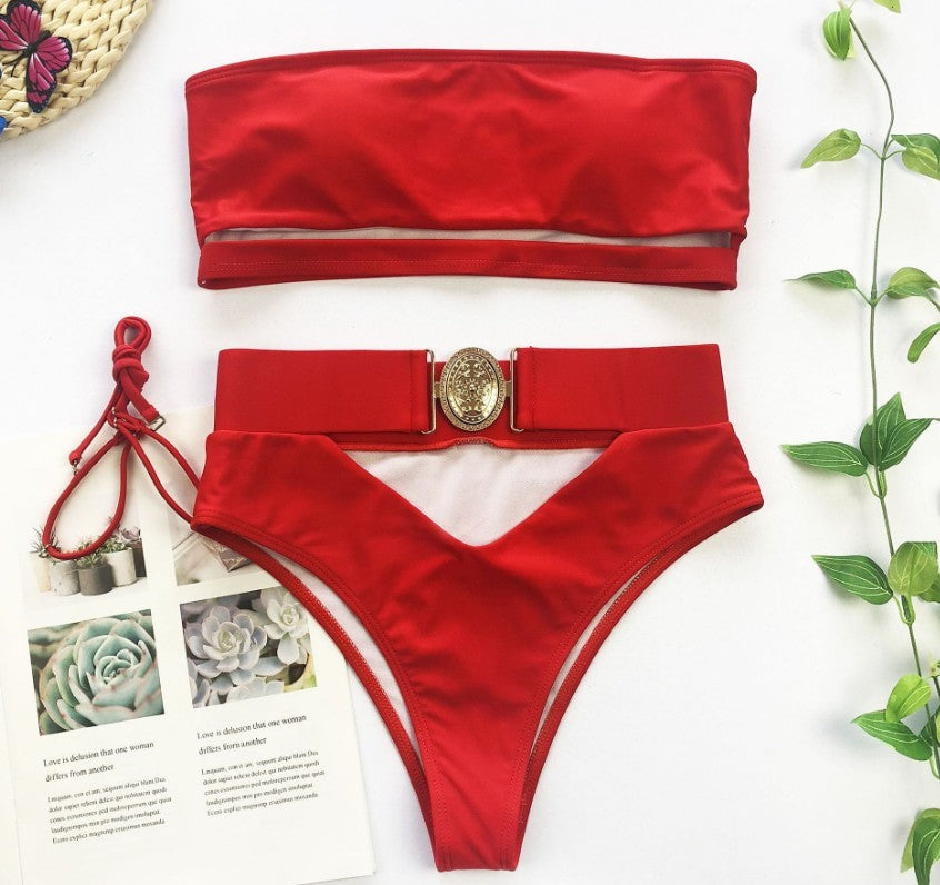Ladies split swimsuit with metal buckle