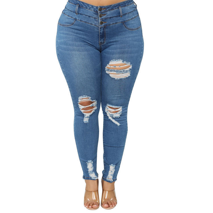 Zerrissene Fat Jeans mit hoher Taille und großen Größen