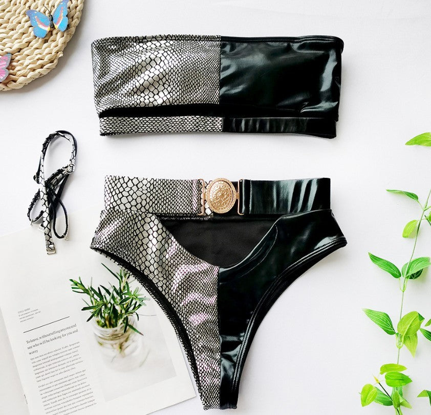 Ladies split swimsuit with metal buckle