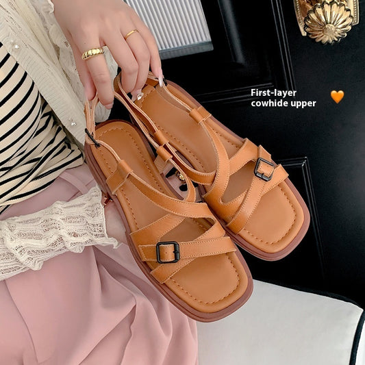 Sandali con punta aperta in vera pelle con cinturino incrociato retrò, eleganti scarpe da spiaggia in stile romano con tacco basso
