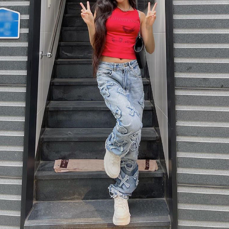 Jeans dritti da strada con toppa con lettera personalizzata