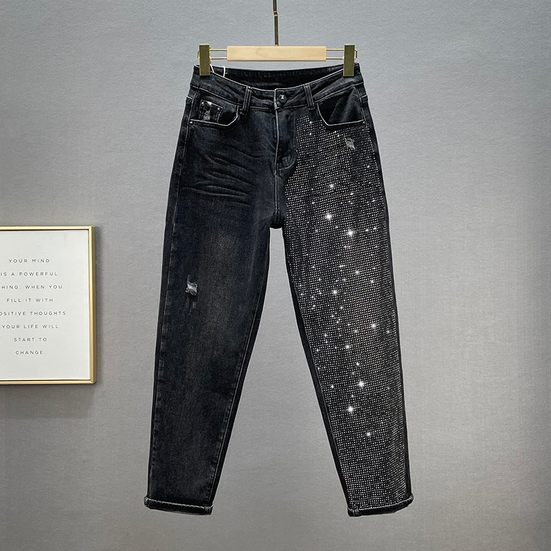 Jeans larghi da donna in cotone elasticizzato a vita alta snellenti con strass caldi