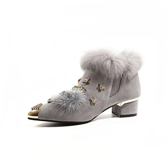Plus Fleece Pointed Toe Thick Mid High Heel Boots