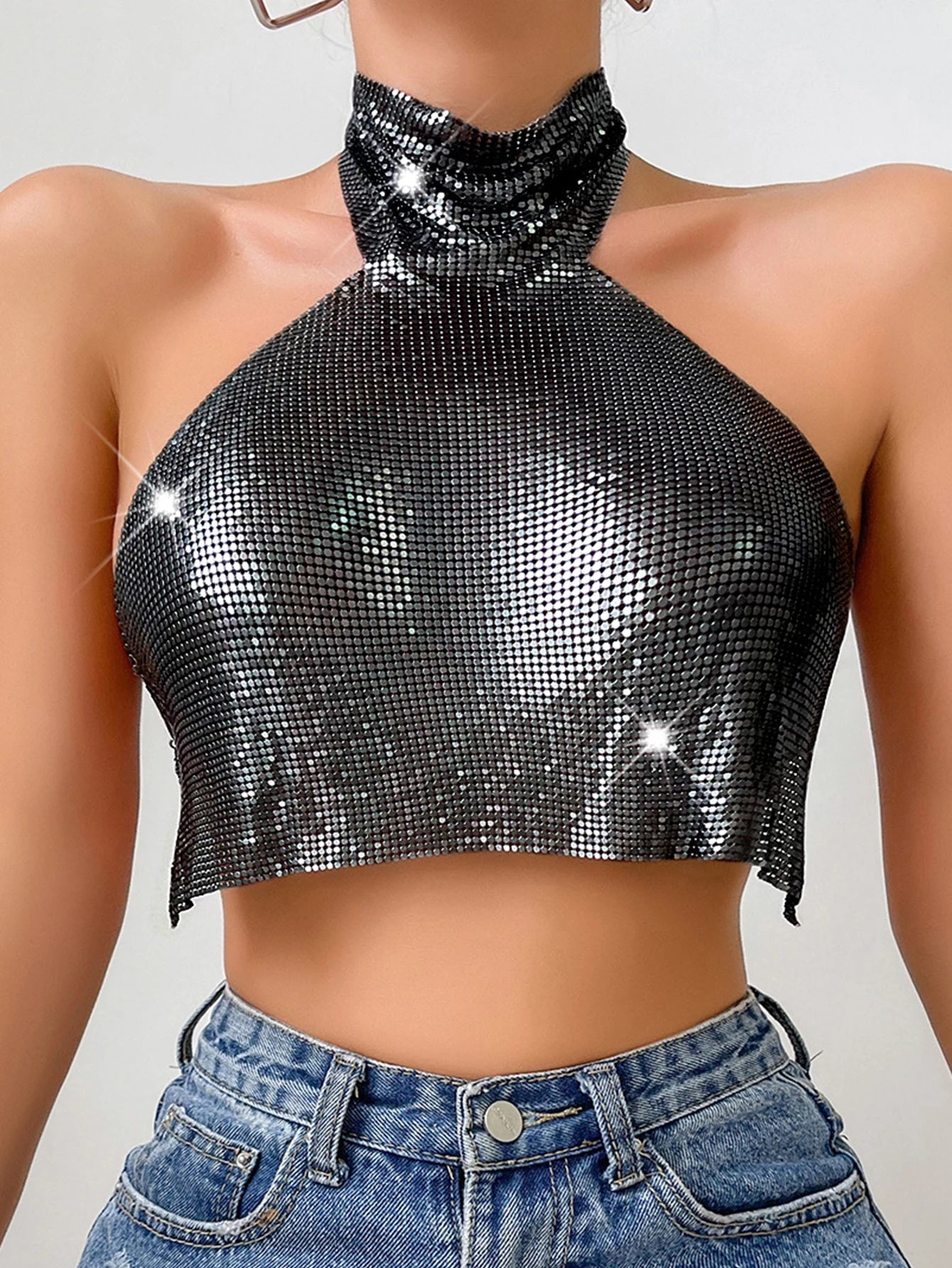 Canotta a collo alto con paillettes alla moda da donna