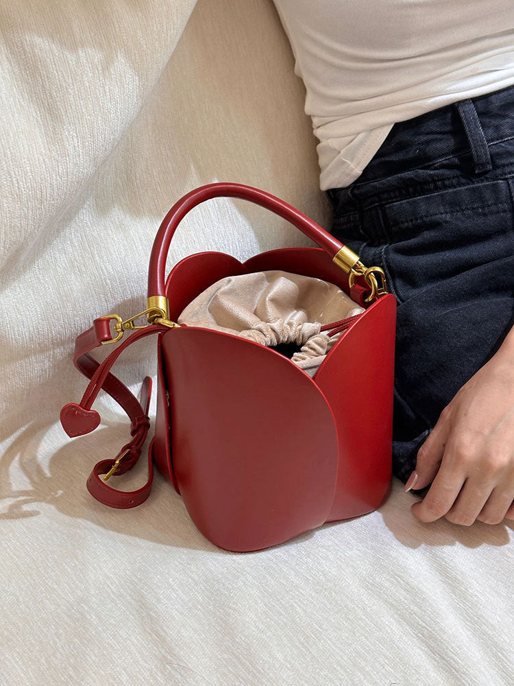 Borsa a secchiello portatile con petalo rosso da sposa popolare