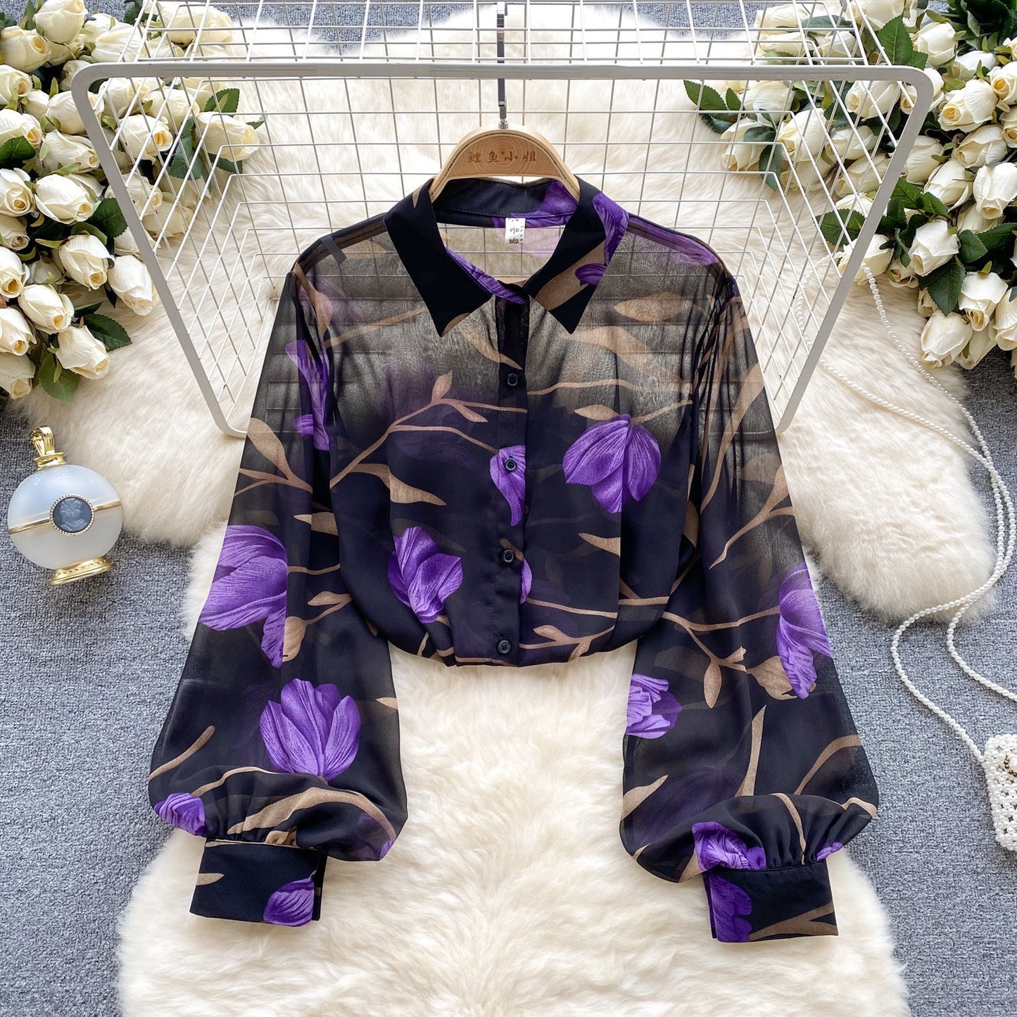 Camicia floreale in tulle retrò francese per donna estate