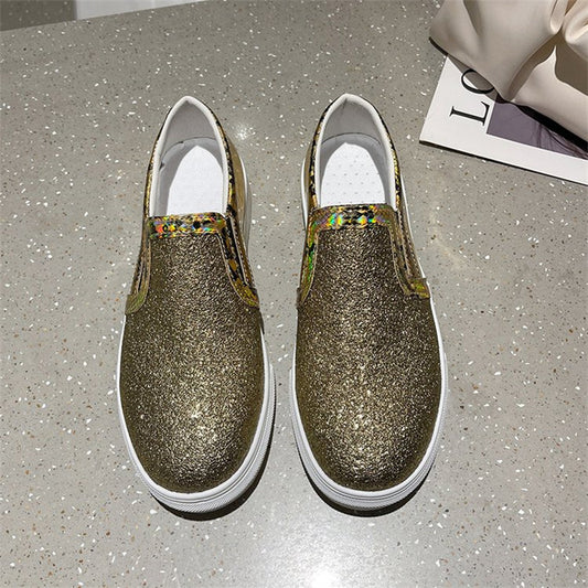 Scarpe da donna con punta tonda e paillettes, modello serpente e fondo piatto