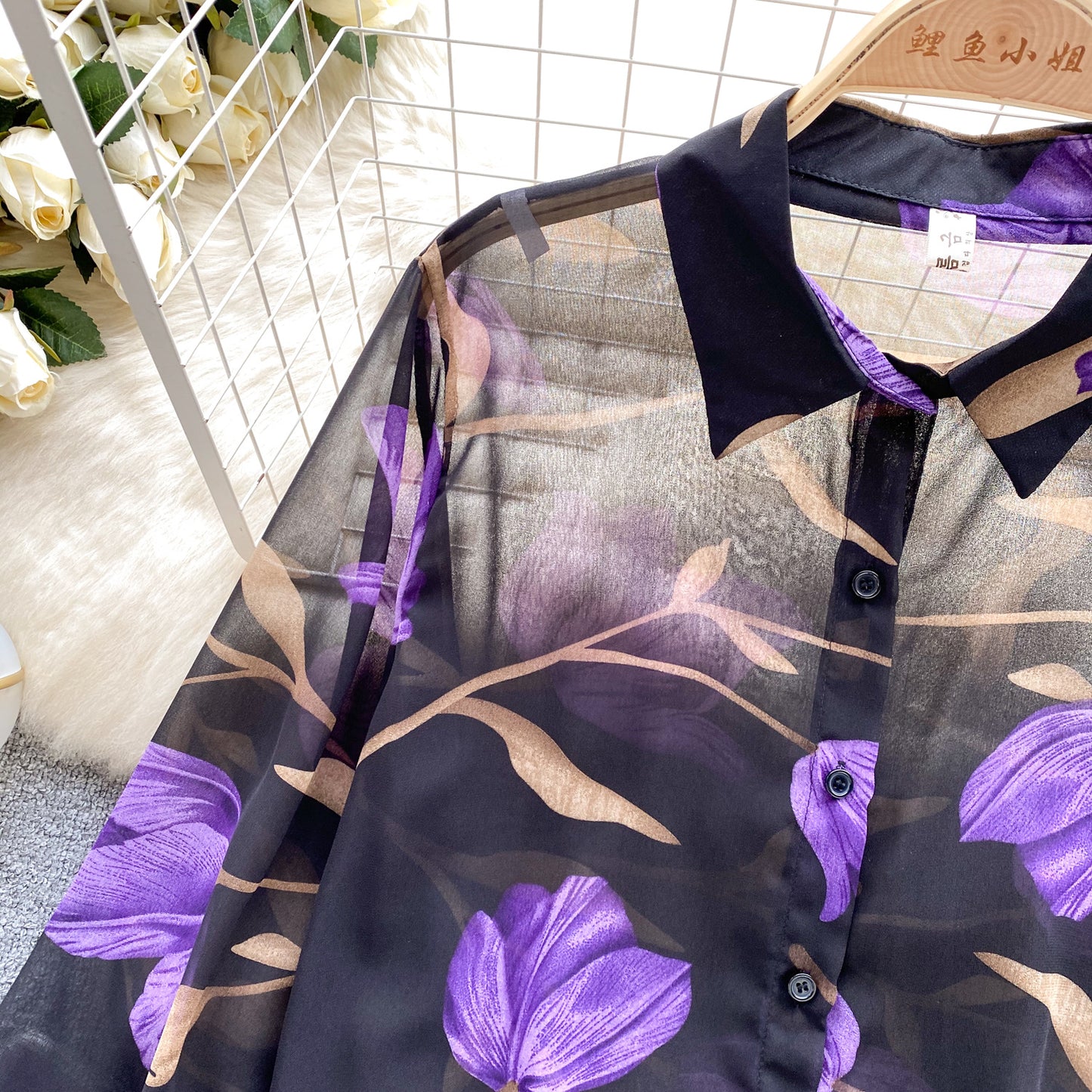 Camicia floreale in tulle retrò francese per donna estate