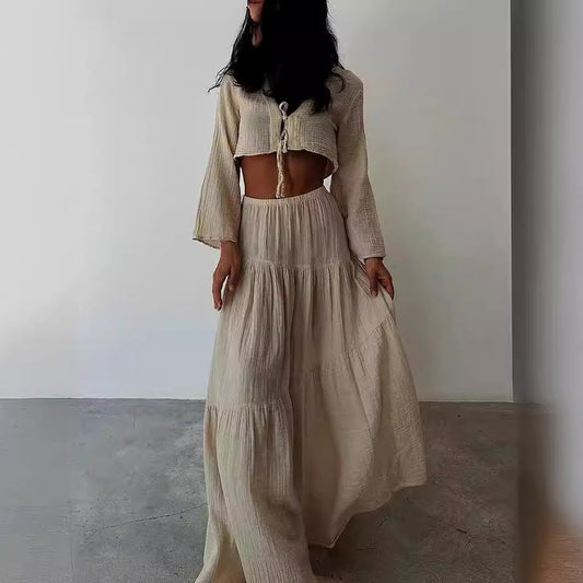 Fashion Cardigan V-neck Lace-up High Slit Cotton And Linen Two-piece Suit Skirt