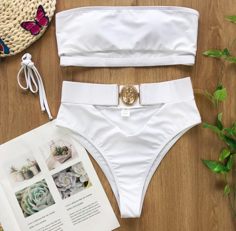 Ladies split swimsuit with metal buckle