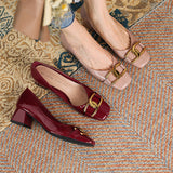 Sheepskin Square Toe High Heels Women's Thick Heel Patent Leather Metal