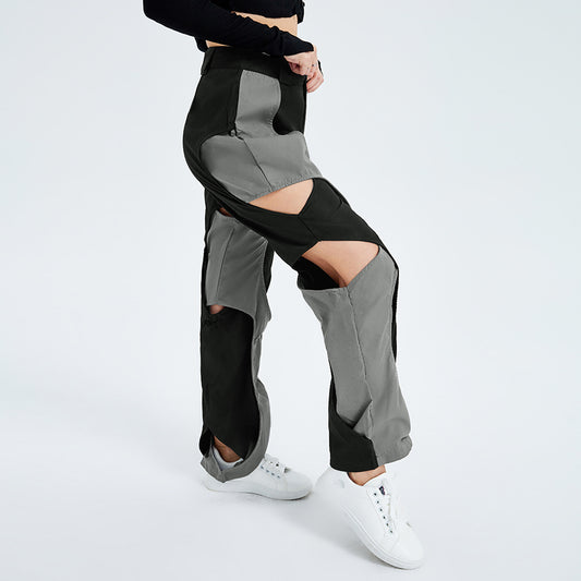 Pantaloni sportivi allacciati a vita alta con contrasto di colore e larghi pantaloni casual in tessuto