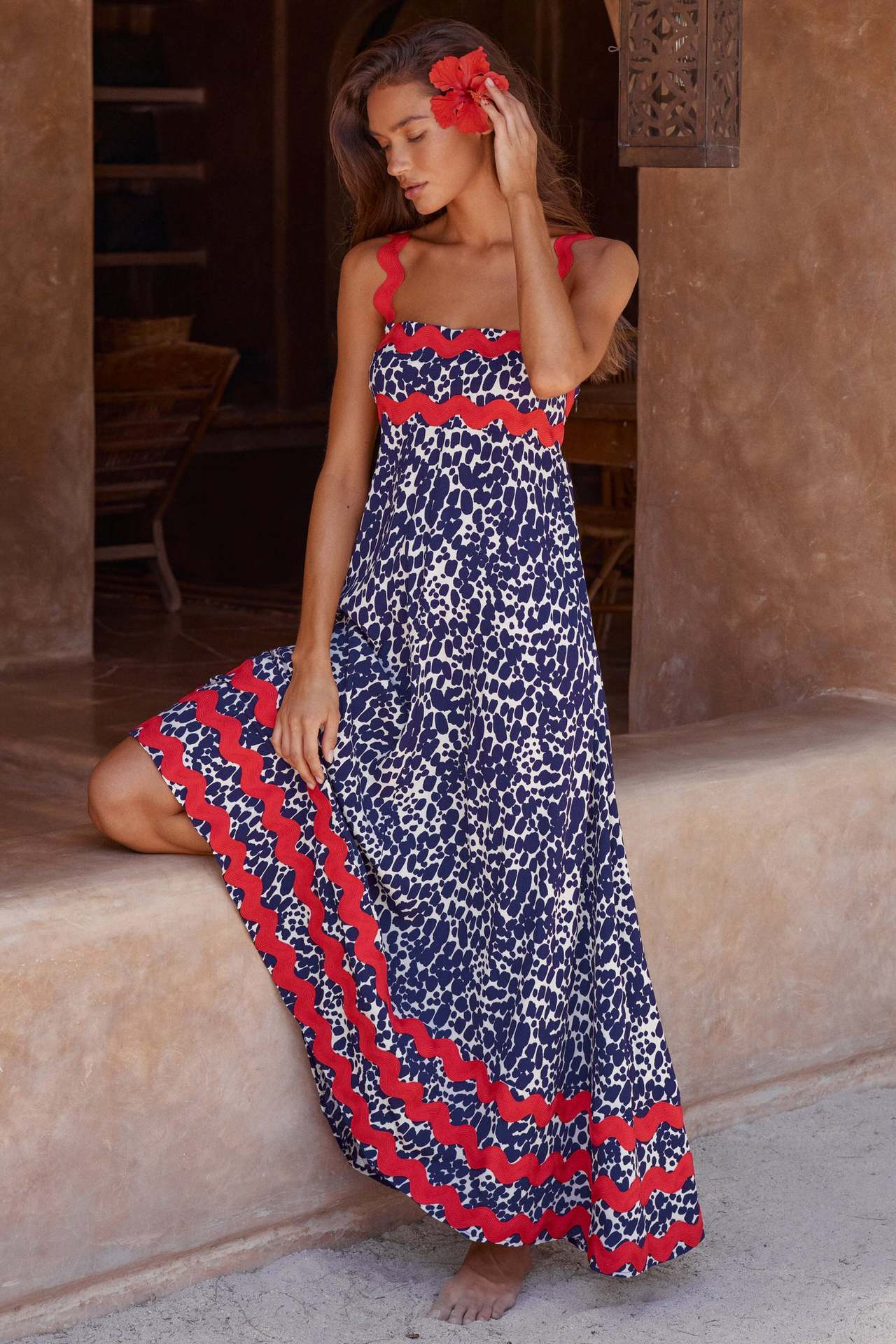 Flowers Print Wavy Pattern Suspender Long Dress