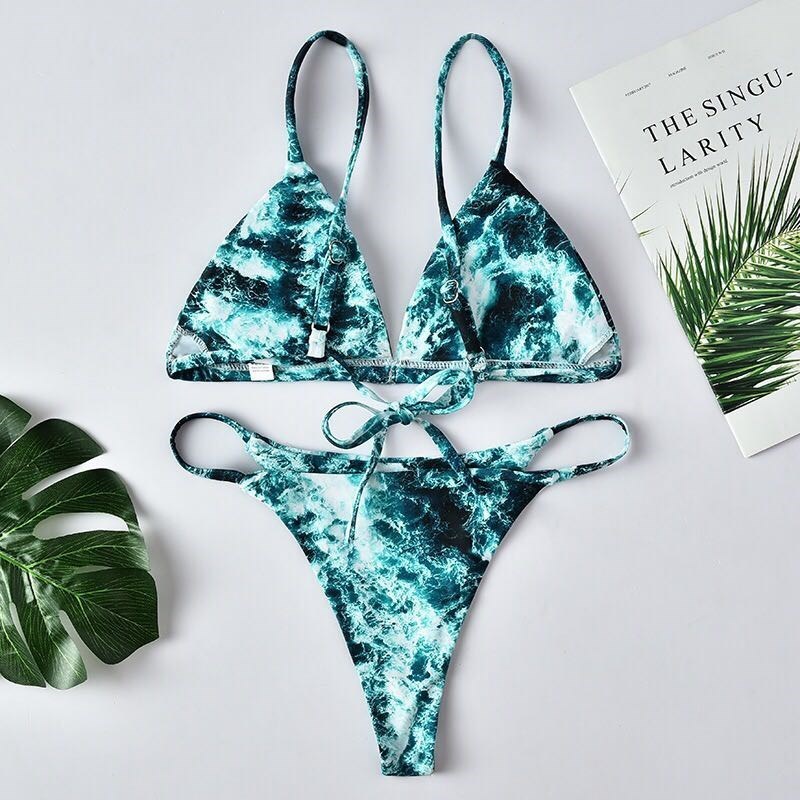 Leaf print split swimsuit feminine halter